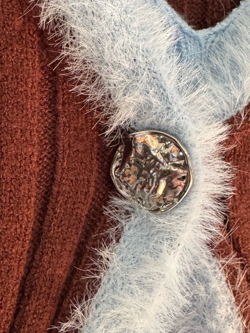 Cider Brown and Light Blue Ribbed Faux-Fur Trim Women's Sweater - Picture 6 of 8
